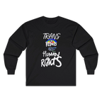 Black long-sleeve shirt with 'Trans Rights Are Human Rights' in white text and rainbow design.