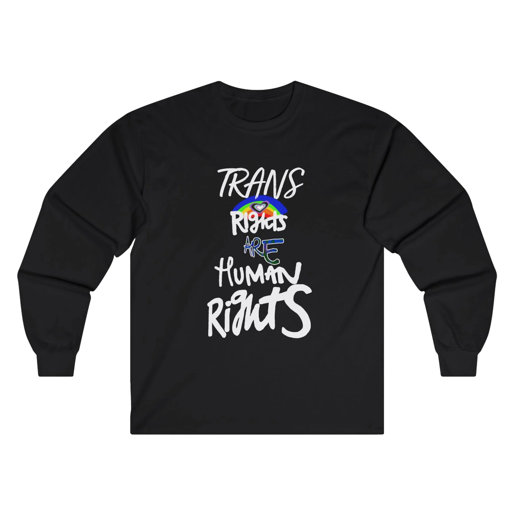 Black long-sleeve shirt with 'Trans Rights Are Human Rights' in white text and rainbow design.