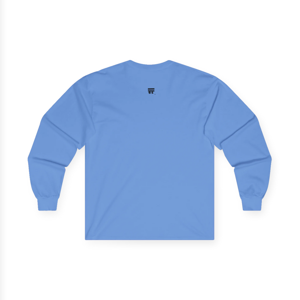 The back of the Carolina blue Trans Pride Long Sleeve Tee showing a clean plain back with a small black FREEBRD logo at the upper center.