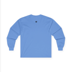 The back of the Carolina blue Trans Pride Long Sleeve Tee showing a clean plain back with a small black FREEBRD logo at the upper center.