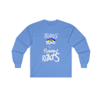 Carolina Blue long-sleeve shirt with 'Trans Rights Are Human Rights' in white text and rainbow design.