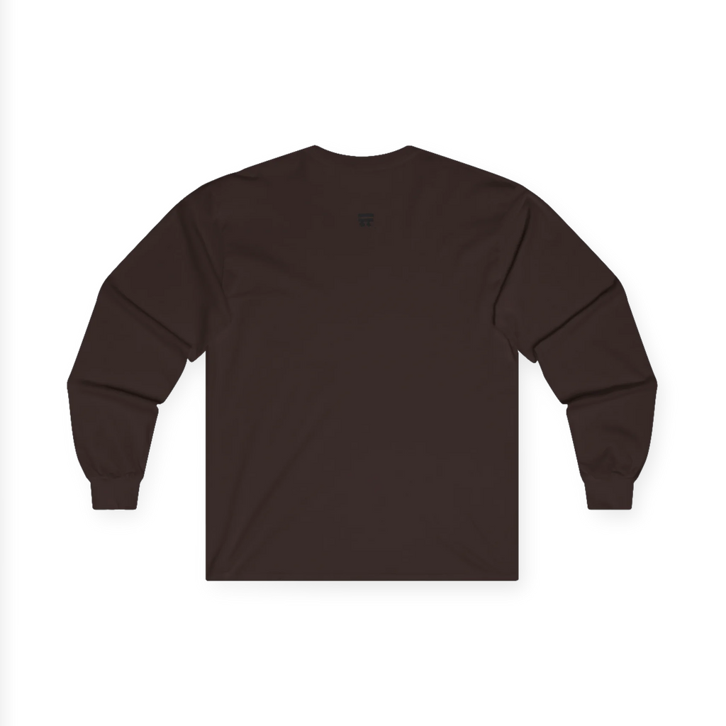 The back of the dark chocolate Trans Pride Long Sleeve Tee showing a clean plain back with a small black FREEBRD logo at the upper center.