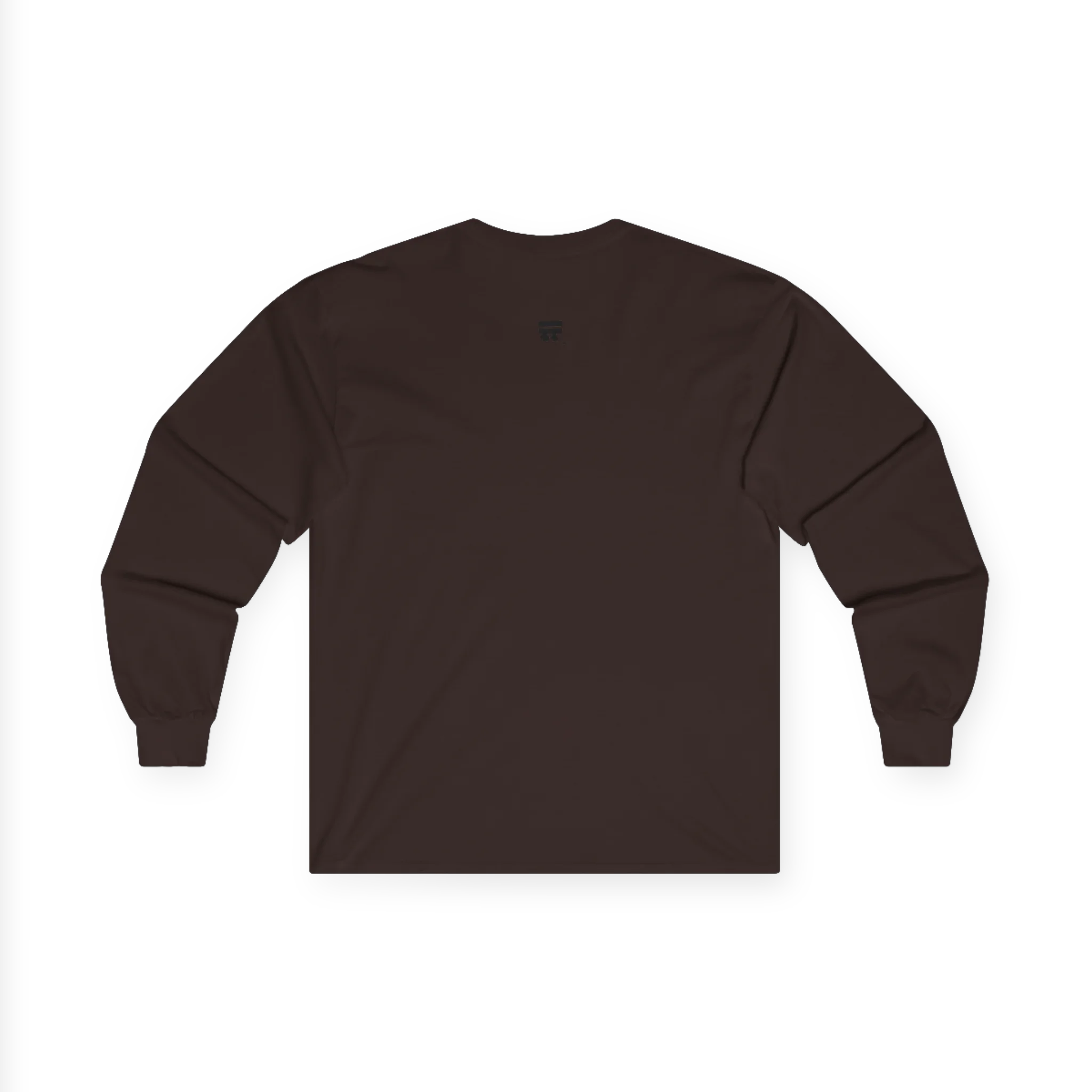 The back of the dark chocolate Trans Pride Long Sleeve Tee showing a clean plain back with a small black FREEBRD logo at the upper center.