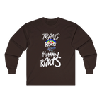 Dark Chocolate long-sleeve shirt with 'Trans Rights Are Human Rights' in white text and rainbow design.