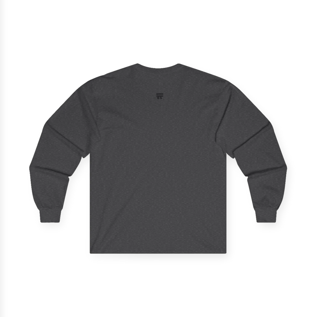 The back of the dark heather Trans Pride Long Sleeve Tee showing a clean plain back with a small black FREEBRD logo at the upper center.