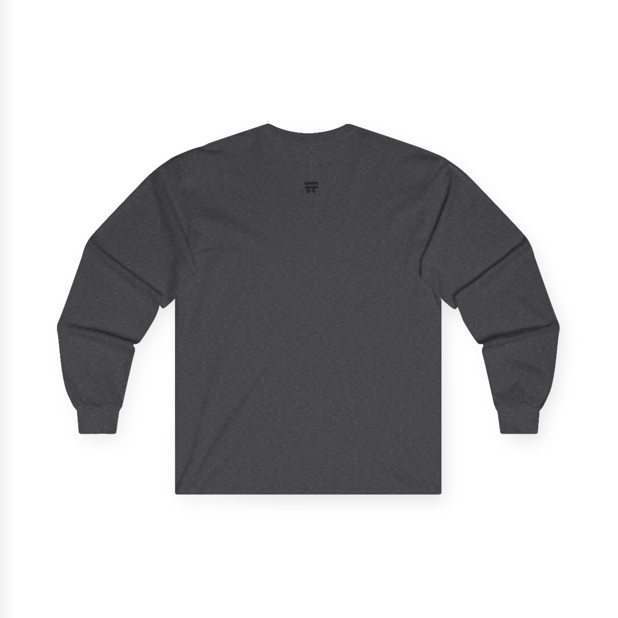 The back of the dark heather Trans Pride Long Sleeve Tee showing a clean plain back with a small black FREEBRD logo at the upper center.