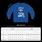 Gildan 2400 size chart with a royal blue Trans Rights Are Human Rights long-sleeve tee, measurement arrows, and width, length and sleeve measurements in inches and centimeters for S–5XL.
