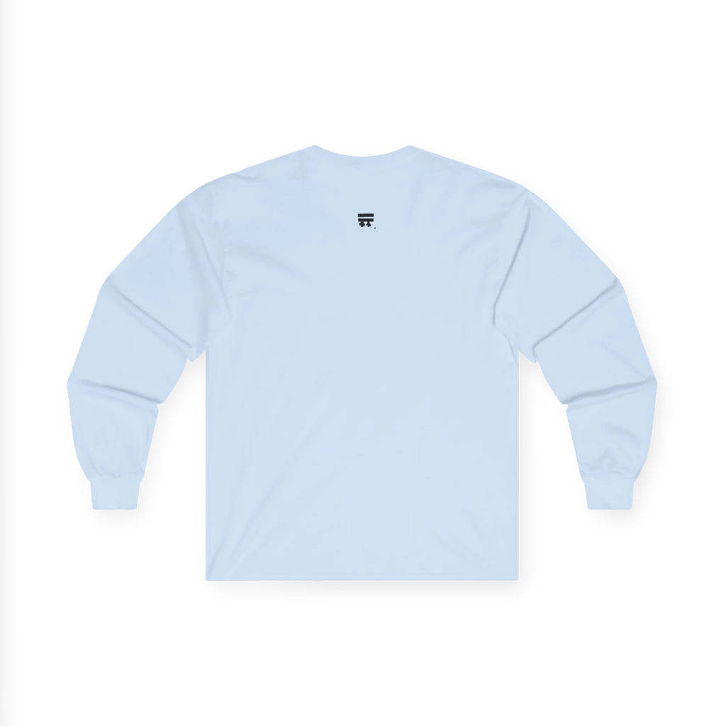 The back of the light blue Trans Pride Long Sleeve Tee showing a clean plain back with a small black FREEBRD logo at the upper center.
