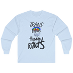Light Blue long-sleeve shirt with 'Trans Rights Are Human Rights' in black text and rainbow design.