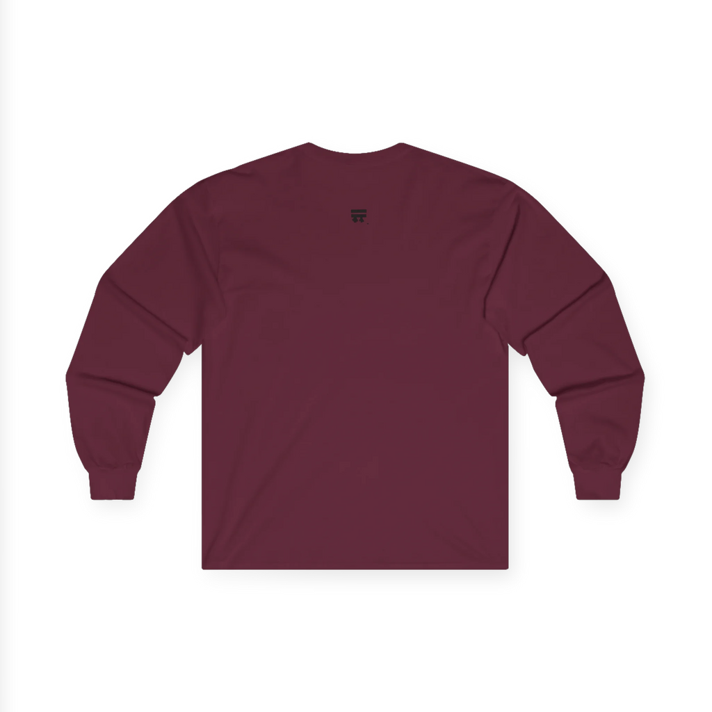 The back of the maroon Trans Pride Long Sleeve Tee showing a clean plain back with a small black FREEBRD logo at the upper center.