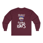 Maroon long-sleeve shirt with 'Trans Rights Are Human Rights' in white text and rainbow design.