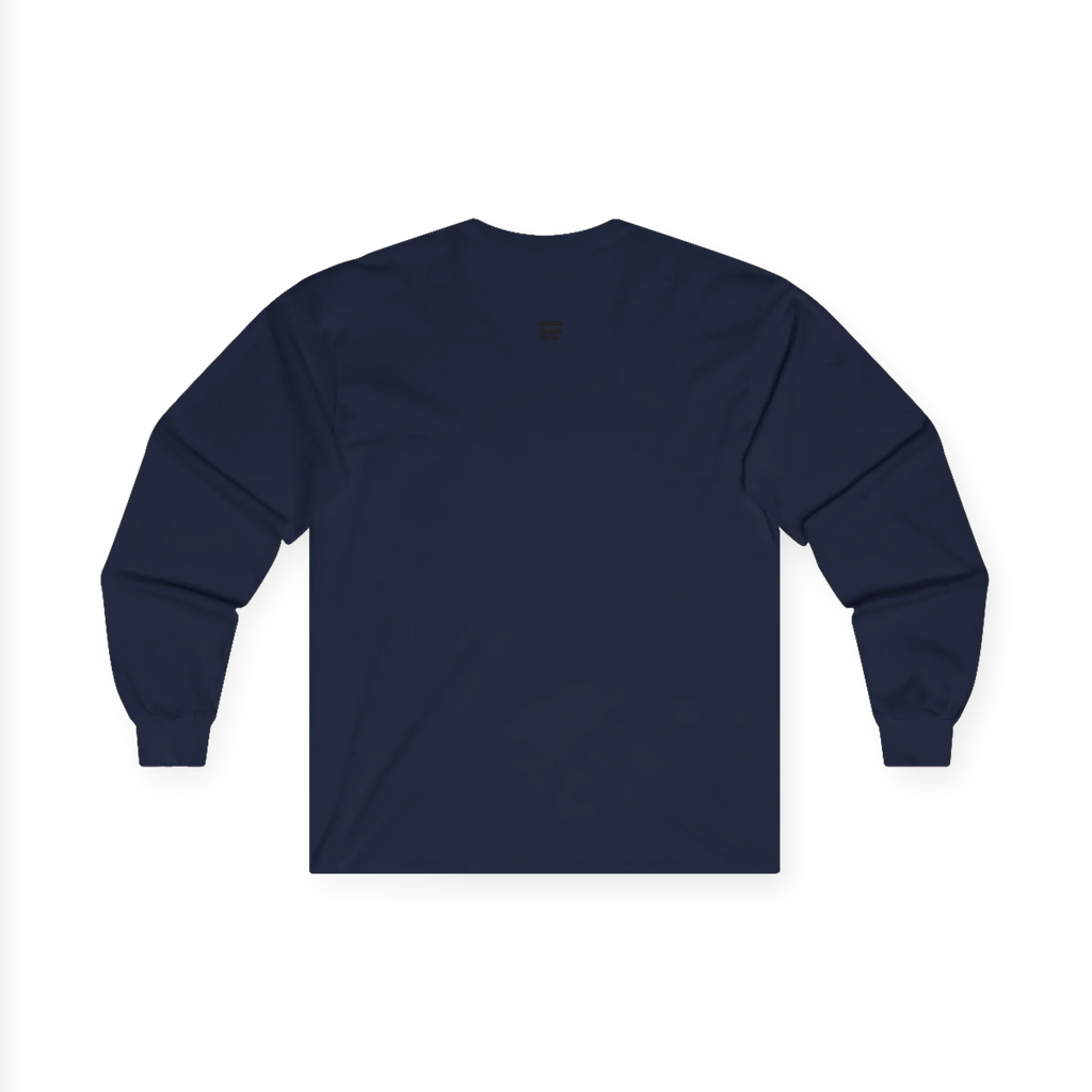 The back of the navy Trans Pride Long Sleeve Tee showing a clean plain back with a small black FREEBRD logo at the upper center.