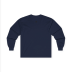 The back of the navy Trans Pride Long Sleeve Tee showing a clean plain back with a small black FREEBRD logo at the upper center.