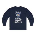 Navy Blue long-sleeve shirt with 'Trans Rights Are Human Rights' in white text and rainbow design.