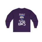 Purple long-sleeve shirt with 'Trans Rights Are Human Rights' in white text and rainbow design.