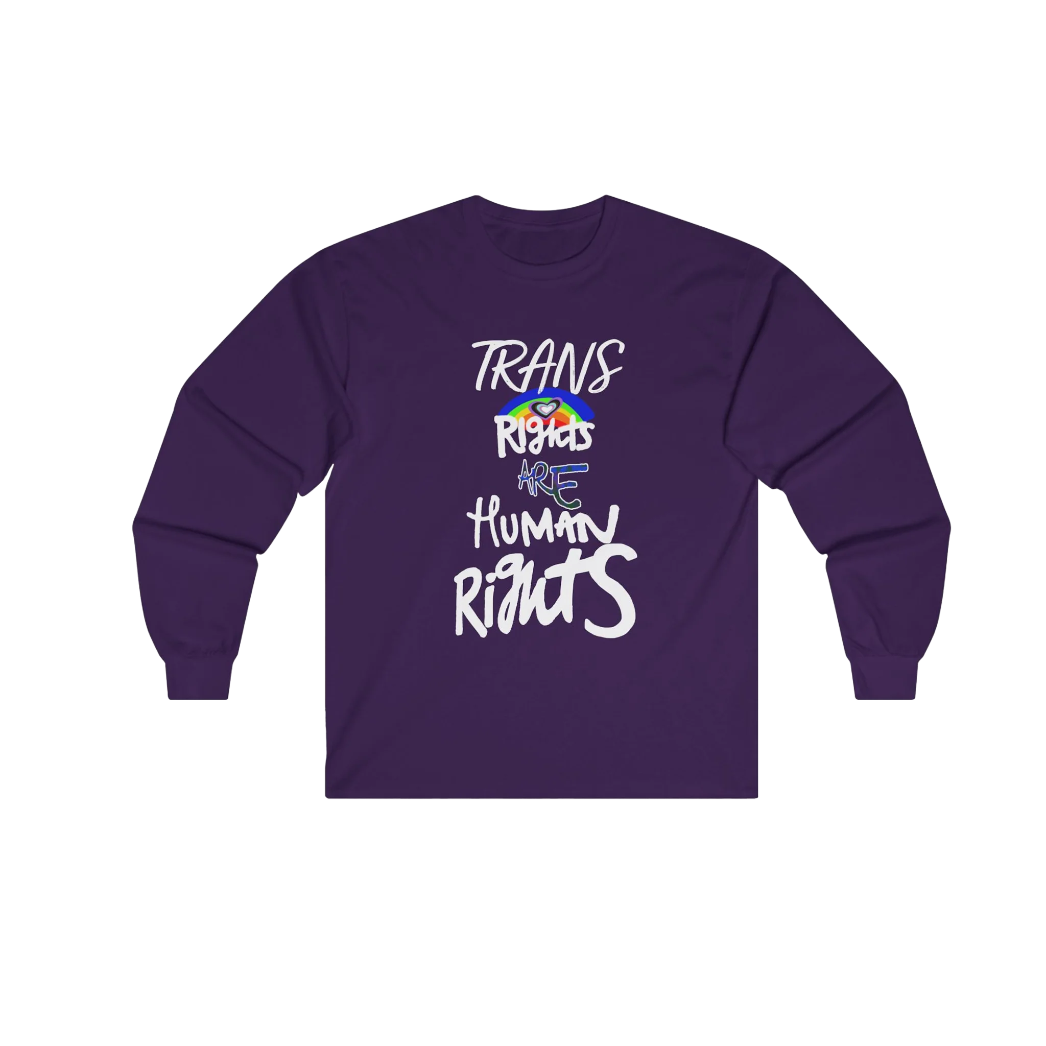 Purple long-sleeve shirt with 'Trans Rights Are Human Rights' in white text and rainbow design.