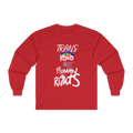 Red long-sleeve shirt with 'Trans Rights Are Human Rights' in white text and rainbow design.