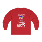 Red long-sleeve shirt with 'Trans Rights Are Human Rights' in white text and rainbow design.