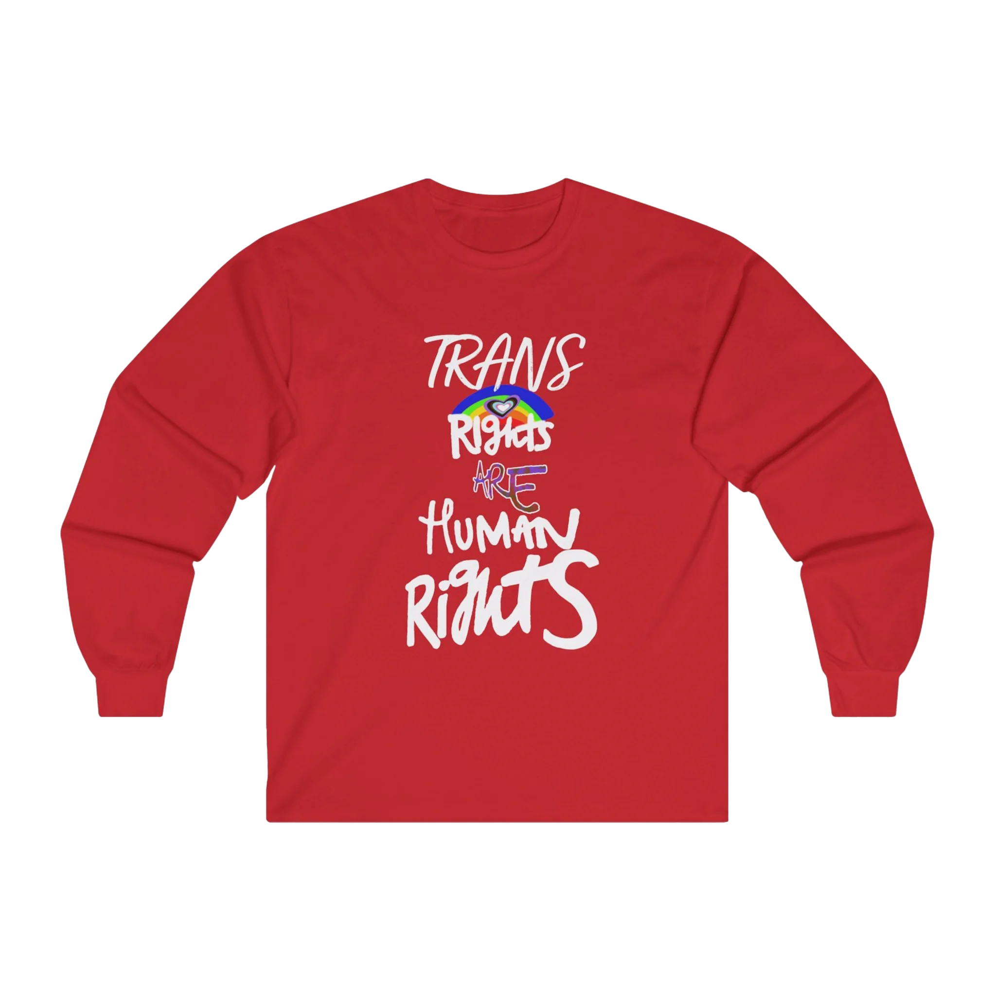 Red long-sleeve shirt with 'Trans Rights Are Human Rights' in white text and rainbow design.