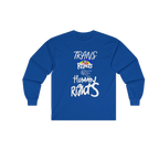Royal Blue long-sleeve shirt with 'Trans Rights Are Human Rights' in white text and rainbow design.