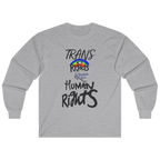 Sports Grey long-sleeve shirt with 'Trans Rights Are Human Rights' in black text and rainbow design.