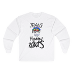 White long-sleeve shirt with 'Trans Rights Are Human Rights' in black text and rainbow design.