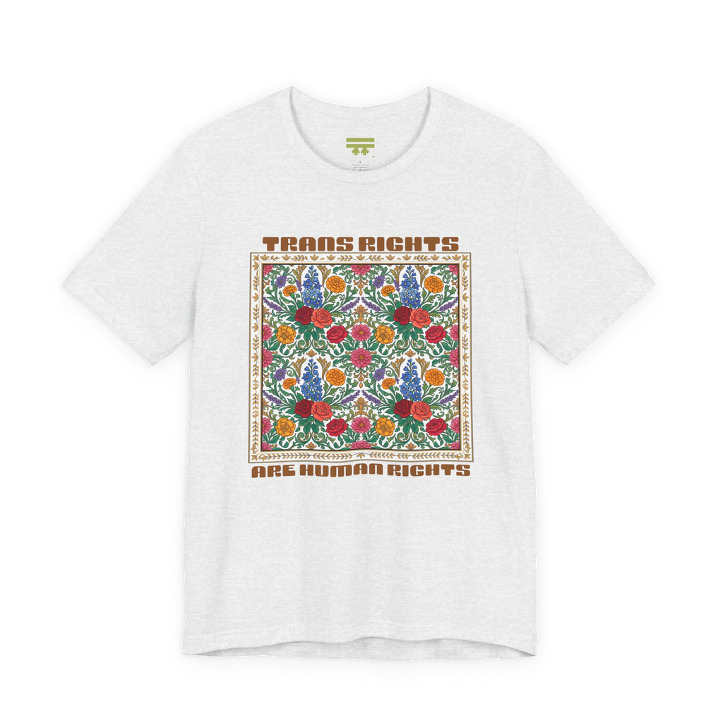 Ash T-shirt with a centered floral graphic and groovy Trans Rights Are Human Rights text, front view.
