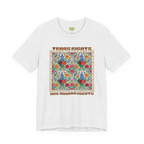 Ash T-shirt with a centered floral graphic and groovy Trans Rights Are Human Rights text, front view.