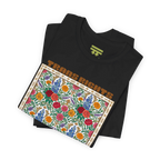 Black T-shirt shown folded at an angle, with the floral front graphic and Trans Rights Are Human Rights text visible.