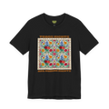 Black T-shirt with a centered floral graphic and groovy Trans Rights Are Human Rights text, front view.