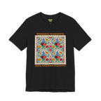 Black T-shirt with a centered floral graphic and groovy Trans Rights Are Human Rights text, front view.
