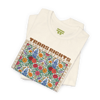 Natural T-shirt shown folded at an angle, with the floral front graphic and Trans Rights Are Human Rights text visible.