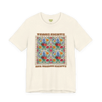 Natural T-shirt with a centered floral graphic and groovy Trans Rights Are Human Rights text, front view.