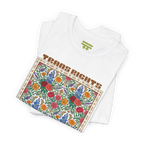 White T-shirt shown folded at an angle, with the floral front graphic and Trans Rights Are Human Rights text visible.