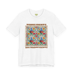 White T-shirt with a centered floral graphic and groovy Trans Rights Are Human Rights text, front view.