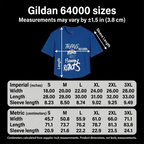 Trans Rights tee size chart showing width, length and sleeve measurements in inches and centimeters, sizes S–3XL.