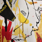 Close-up of textured gold and red paint, black flowing lines, zigzag marks, and part of a black figure-like shape on a white surface.