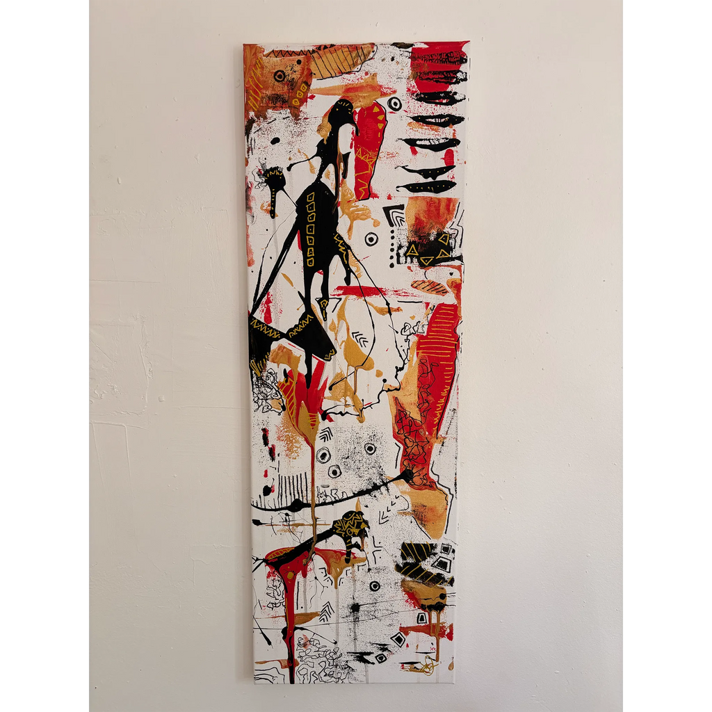 Front view of a tall, narrow abstract painting with black figure-like shapes, red and gold patches, circles, zigzags, and fine lines on white.