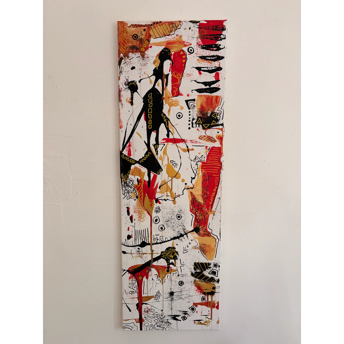 Front view of a tall, narrow abstract painting with black figure-like shapes, red and gold patches, circles, zigzags, and fine lines on white.
