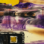 Second close-up texture detail of "Tribal Wave" gallery-wrapped abstract canvas by FREEBRD — fluid pour art in black, yellow, burgundy and purple with geometric tribal accents on premium DTF canvas.