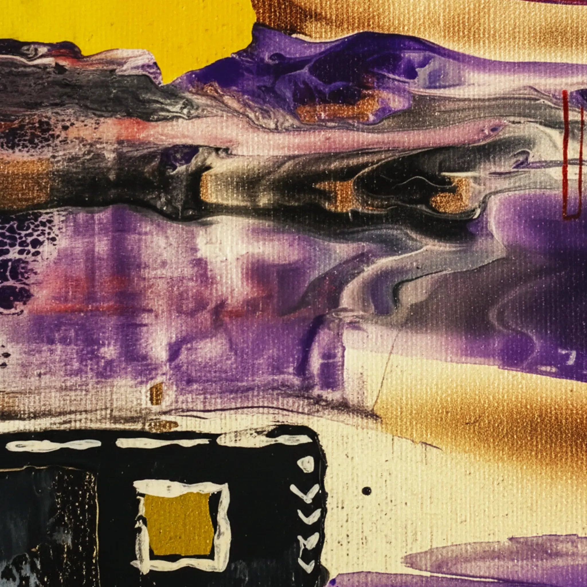 Second close-up texture detail of "Tribal Wave" gallery-wrapped abstract canvas by FREEBRD — fluid pour art in black, yellow, burgundy and purple with geometric tribal accents on premium DTF canvas.