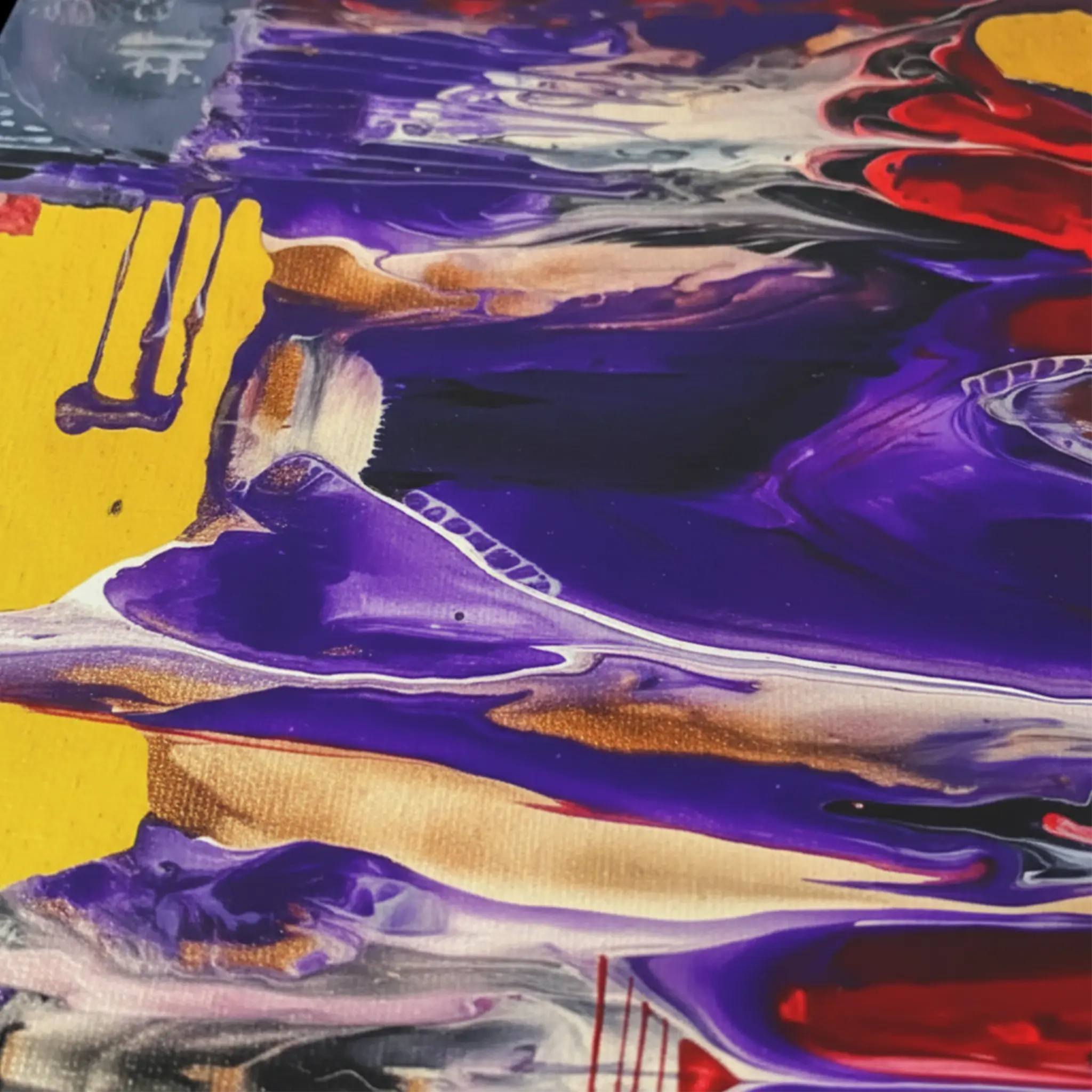 Close-up texture detail of "Tribal Wave" gallery-wrapped abstract canvas by FREEBRD — fluid pour art in purple, red, yellow and ivory on premium DTF canvas with archival matte finish.