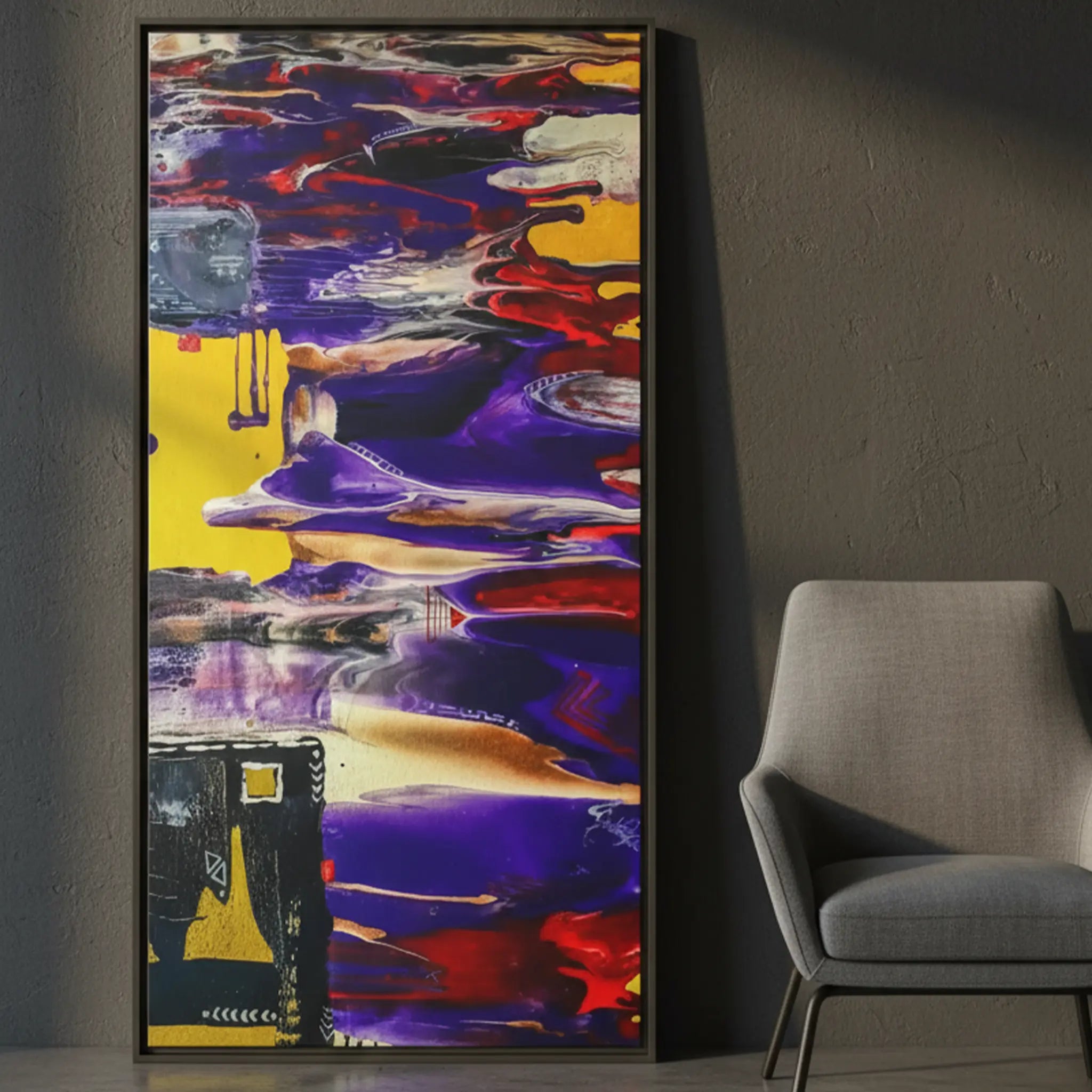 "Tribal Wave" 30x60 vertical framed abstract canvas by FREEBRD leaning against a modern interior wall beside a contemporary accent chair — size reference for large vertical framed wall art decor.