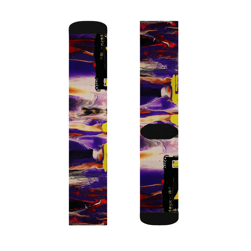 All-over print crew socks with abstract Tribal Wave art, deep purple, red, orange, and yellow, front and back flat view.