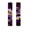 All-over print crew socks with abstract Tribal Wave art, deep purple, red, orange, and yellow, front and back flat view.