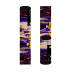 All-over print crew socks with abstract Tribal Wave art, deep purple, red, orange, and yellow, front and back flat view.