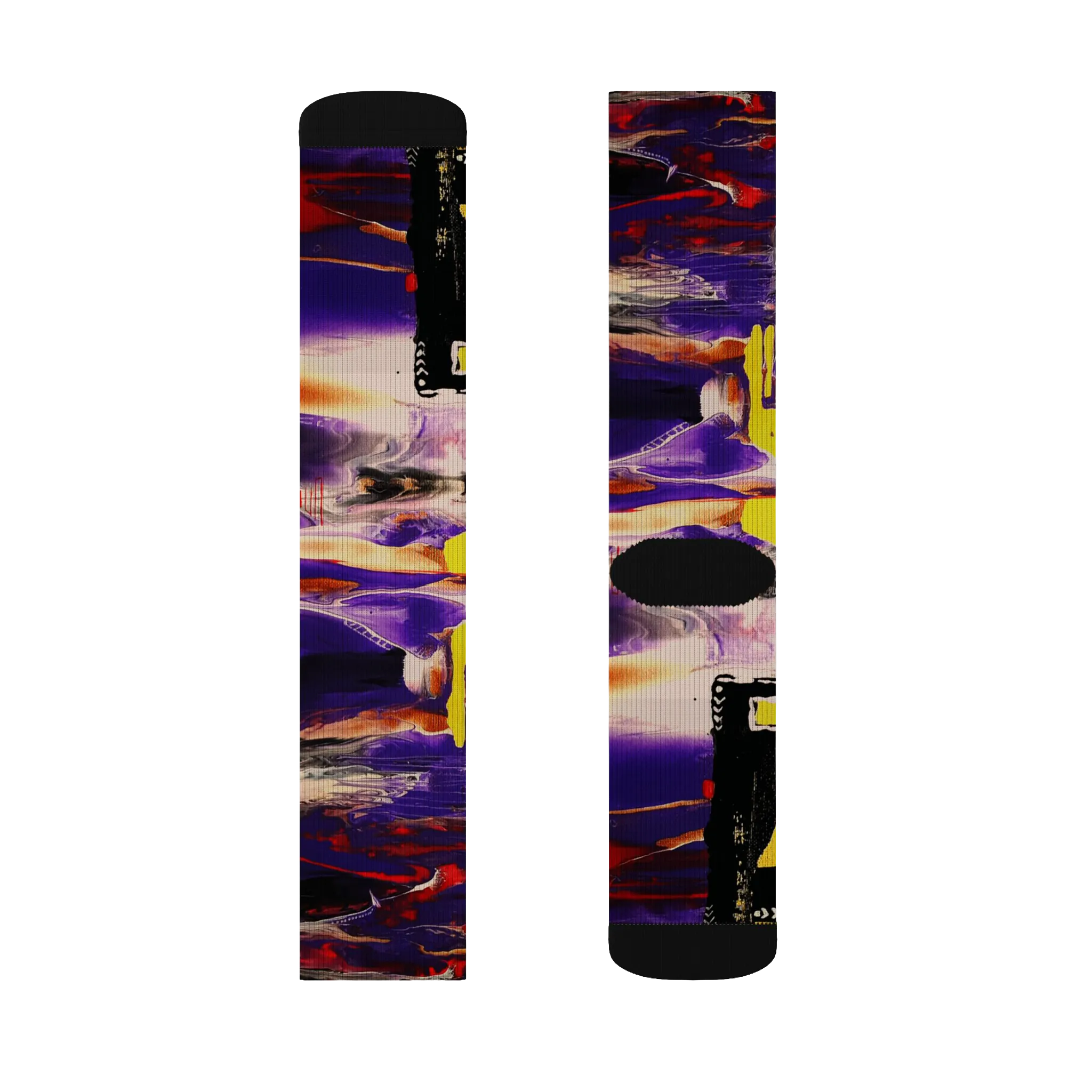 All-over print crew socks with abstract Tribal Wave art, deep purple, red, orange, and yellow, front and back flat view.
