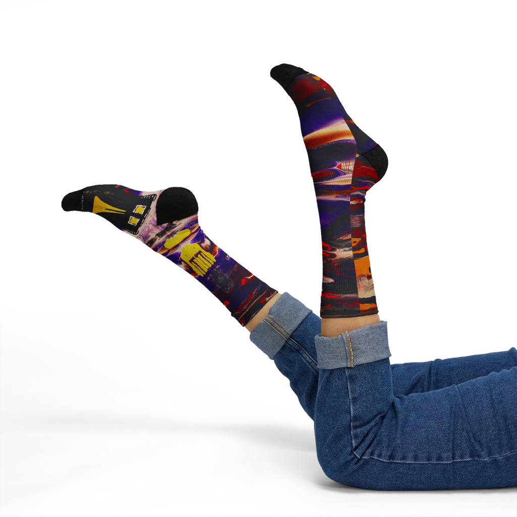 All-over print crew socks with abstract Tribal Wave art worn on legs raised, lifestyle view.