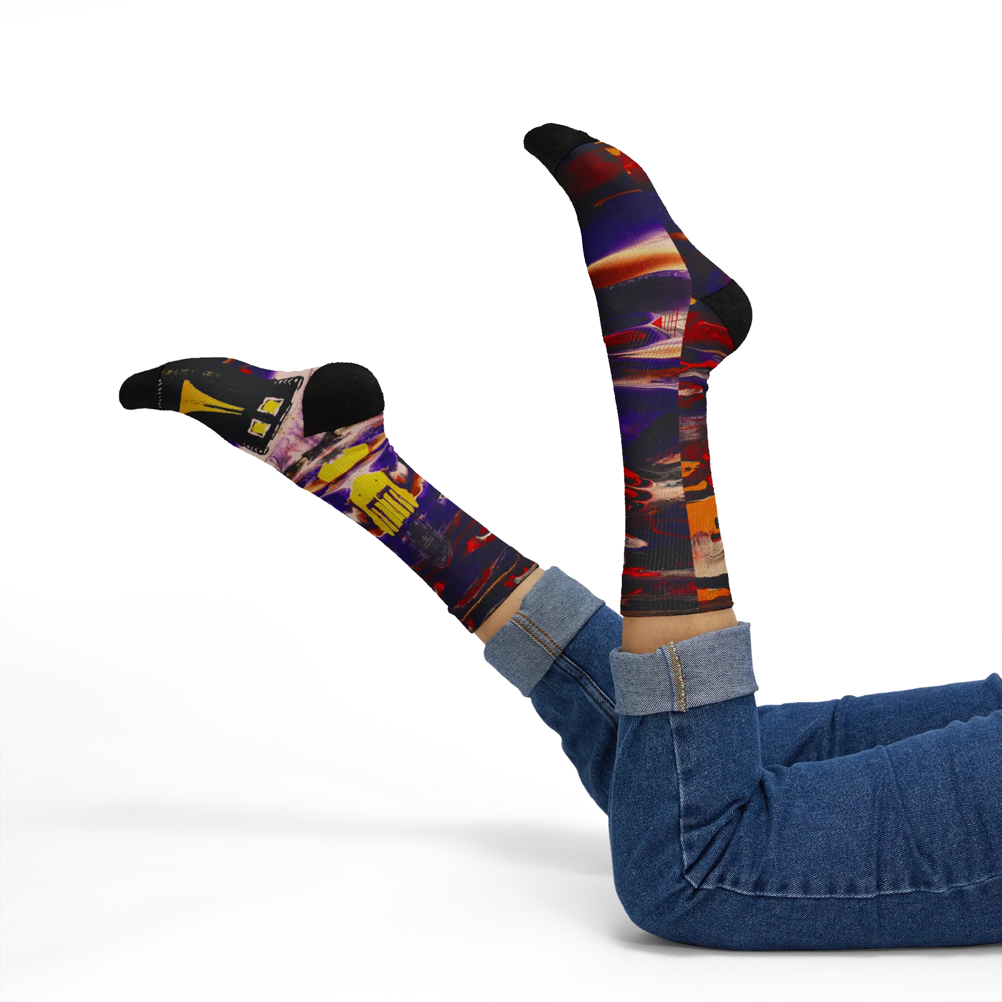 All-over print crew socks with abstract Tribal Wave art worn on legs raised, lifestyle view.