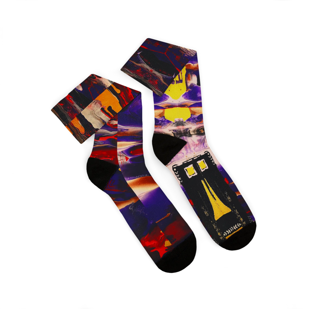 All-over print crew socks with abstract Tribal Wave art, deep purple, red, orange, and yellow, pair side view.